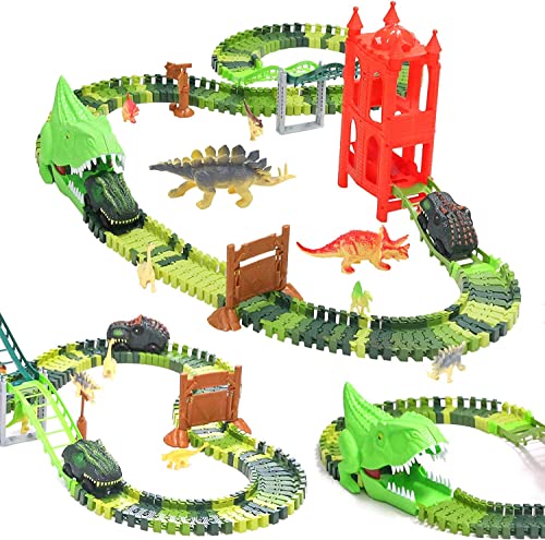 OBEST Dinosaurier Spielzeugrennwagen,144 Stücke der zusammengebauten Bausteinsbahn,Dinosaurier Weltbrücke und Drehteller,Flexible Strecke mit Aufzug, Jungen und Mädchen von OBEST