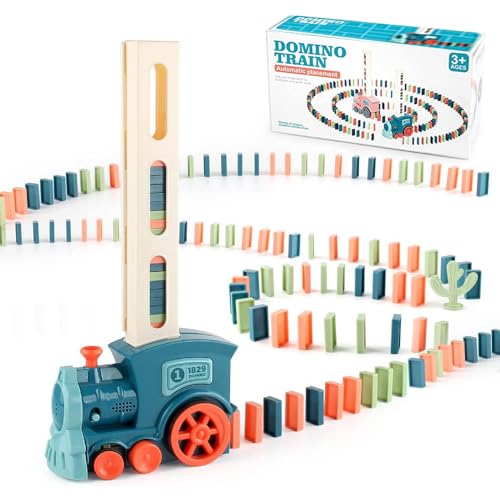 OBEST Domino Zug Spielzeug, 80 Pcs Elektrischer Bahn Set, Automatische Platzierung von Blöcken, Pädagogisches Spielzeug-Geschenk für Mädchen und Jungen Ab 3 Jahren von OBEST