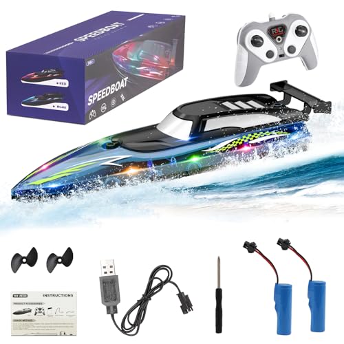 OBEST Ferngesteuerte Boot mit LED-Licht, 2,4-GHz RC Wasserdichtes Boot, Elektrisches Rennboote für Pools und Seen, 2 Akku, Fernsteuerboot Kinder Rudern-Spielzeug Geschenk für Jungen 6-12 Jahre von OBEST