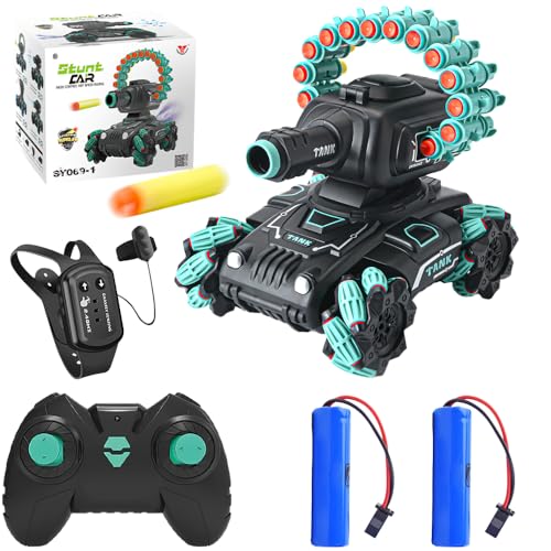 OBEST Ferngesteuertes Auto RC Panzer, 4WD Drifting Stunt Spielzeugauto Durch Gesture Steuerung, 360° Drehbares Fernbedienung Tank mit Spray und Musik, Nerf Darts Kompatibel, Geschenk für 6+ Kinder von OBEST