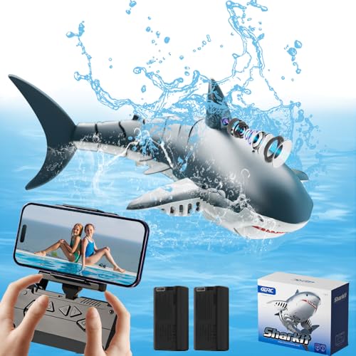 OBEST Ferngesteuertes Hai mit HD Kamera, 2.4GHz Ferngesteuerter Hai-Spielzeug Mobile APP-Steuerung, RC Haiboot mit LED Lichter für Pools & Seen Real-Time Shoot, Simulation Sprühwasser Shark Geschenk von OBEST