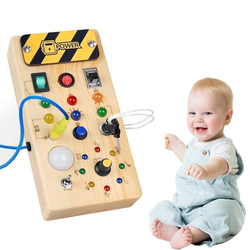 OBEST Montessori Holzbrettchen mit LED-Lichtern,Baby-Sensorik-Beschäftigungsbrett,Pädagogisches Aktivitätsspielzeug,Reisespielzeug für Kleinkinder ab 3+ Jahren von OBEST