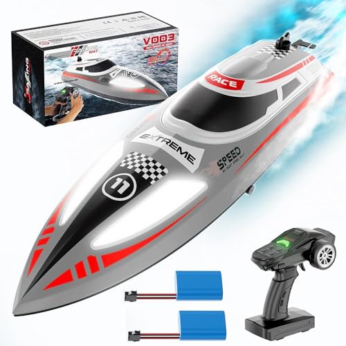 OBEST RC Boot mit LED-Licht, 30km/h High Speed Rennboot, 30min Lange Akkulaufzeit, Upgrade Waterproof Remote Control Boat, Autopilot-Modus Nie-Kentern Geschwindigkeit-Einstellbar Speedboot (Grau) von OBEST