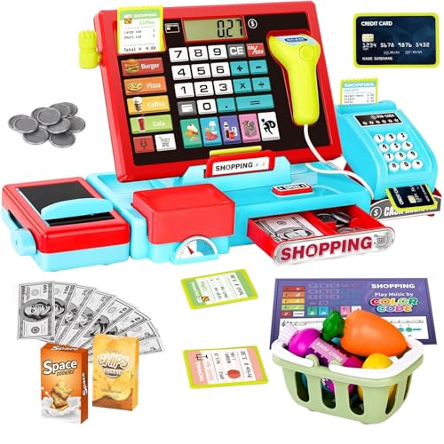 OBEST Spiellebensmittel Kinderküche Zubehör, Kaufmannsladen Zubehör mit Spielgeld Euro Scheine und Münzen, Rollenspielzeug für Jungen Mädchen von OBEST