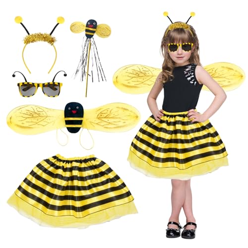 OCBIE Hummel Bienen Kostüm für Kinder: Bienenkostüm Kinder mit Flügeln Haarreif Brille Streifen Rock für Karneval Halloween Cosplay Rollenspiele Kostüm von OCBIE