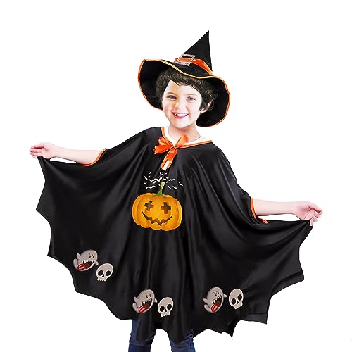 Halloween Fledermaus kostüm Kinder, Halloween kostüm Kinder, Fledermaus Umhang Kostüm, Fasching Kostüme Hexenkostüm Kürbis, mit Hut für Halloween Cosplay Party, Ideal für Höhe 90-150cm(Schwarz) von OCCOUMR