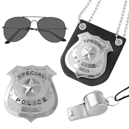 OCCOUMR 4-Teiliges Polizei-Set, Polizist Sonnenbrille Abzeichen, Party-Brille, Halskette und Abzeichen, Pfeife, Unisex, Special Police, Kommissar, Kostüm, Karneval, Mottoparty von OCCOUMR