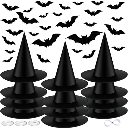 OCTERIC Halloween Schwarze Hexenhüte, Halloween-Kostüm, Hexenkappen, 3D-Fledermaus-Wanddekorationen, Innen- und Außendekorationen (12) von OCTERIC