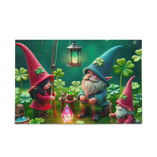 1000 Stück Puzzle St.Patrick's Gnomes Green DIY Geschenk Jigsaw Puzzle mit Mesh Aufbewahrungstasche für Erwachsene, Familien von ODAWA