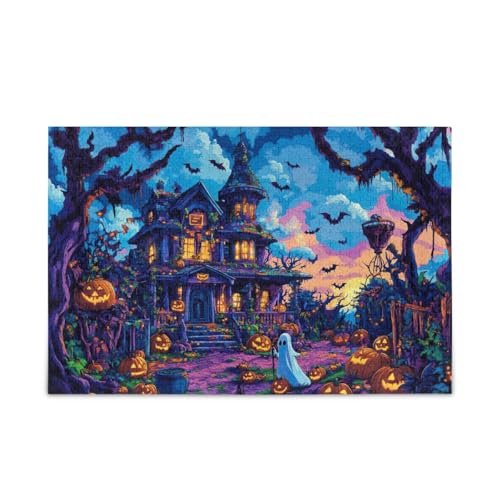 1000 Teile Puzzle, buntes Halloween-Haus, Kürbisse, blau, herausforderndes Puzzle-Spiel, lustiges Puzzle für Erwachsene von ODAWA