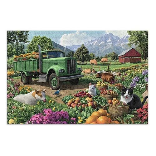 1000 Teile Puzzle Bauernhof Szene Katzen und Hunde DIY Geschenk Puzzle mit Mesh Aufbewahrungstasche für Erwachsene Familien von ODAWA