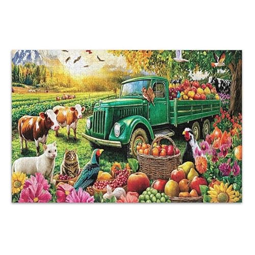 1000 Teile Puzzle Bauernhoftiere Grüner LKW DIY Geschenk Puzzle mit Netz-Aufbewahrungstasche Herausforderung Puzzle für Erwachsene von ODAWA