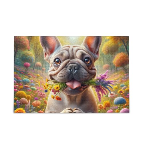 1000 Teile Puzzle Bulldogge Blüten Gold Stabile 2 mm Puzzleteile Lustiges Puzzle für Erwachsene Kinder von ODAWA