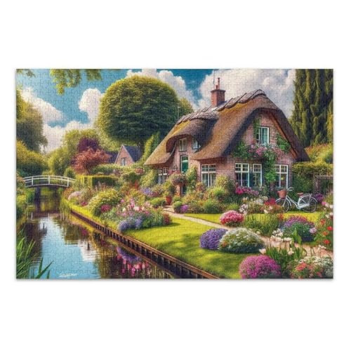 1000 Teile Puzzle Charming Cottage Green DIY Geschenk Jigsaw Puzzles mit Mesh Aufbewahrungstasche Lustiges Puzzle für Erwachsene von ODAWA