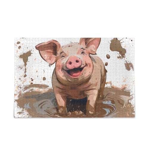 1000 Teile Puzzle Cute Piggy Smiling Mud Pig DIY Geschenk Jigsaw Puzzles mit Mesh Aufbewahrungstasche Herausforderung Puzzles für Erwachsene von ODAWA