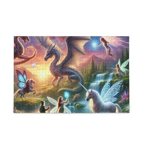 1000 Teile Puzzle Drache Einhorn Sonnenuntergang DIY Geschenk Jigsaw Puzzles mit Mesh Aufbewahrungstasche Lustiges Puzzle für Erwachsene von ODAWA