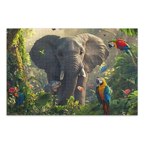 1000 Teile Puzzle Dschungel Elefant und Papageien DIY Geschenk Jigsaw Puzzles mit Mesh Aufbewahrungstasche Lustiges Puzzle für Erwachsene von ODAWA