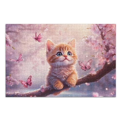 1000 Teile Puzzle Entzückendes Kätzchen Schmetterlinge Rosa Herausforderndes Puzzle-Spiel Spaß Familienaktivität von ODAWA