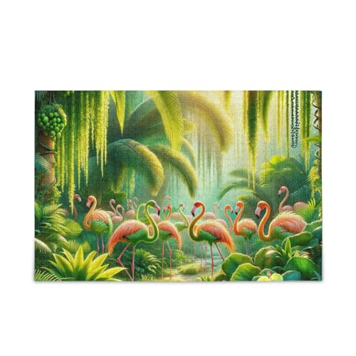 1000 Teile Puzzle Flamingos Grün Tropische DIY Geschenk Jigsaw Puzzles mit Mesh Aufbewahrungstasche Lustiges Puzzle für Erwachsene von ODAWA