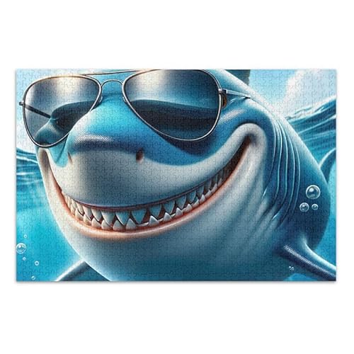 1000 Teile Puzzle Hai mit Sonnenbrille DIY Geschenk Puzzle mit Netz-Aufbewahrungstasche Lustiges Puzzle für Erwachsene Kinder von ODAWA