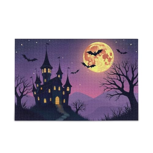 1000 Teile Puzzle Halloween Haus Fledermäuse Lila DIY Geschenk Puzzle mit Netz-Aufbewahrungstasche für Erwachsene Teenager von ODAWA