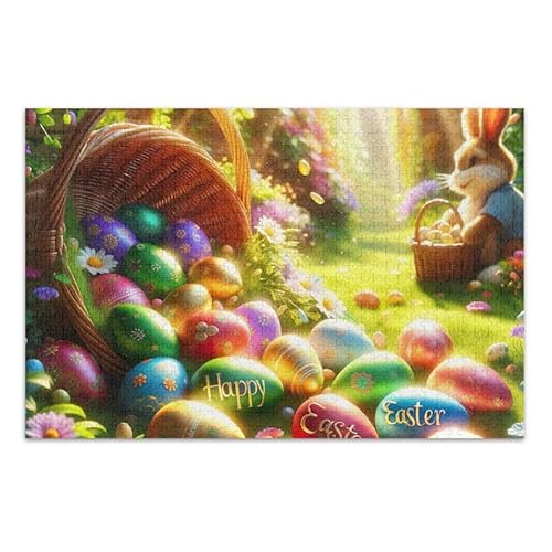 1000 Teile Puzzle Happy Easter Basket DIY Geschenk Jigsaw Puzzles mit Mesh Aufbewahrungstasche Lustiges Puzzle für Erwachsene Kinder von ODAWA