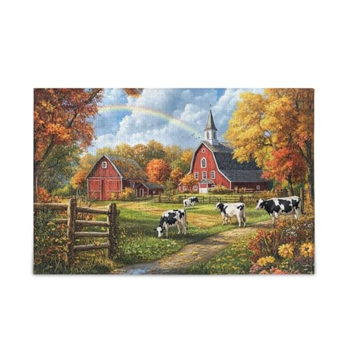 1000 Teile Puzzle Herbst Bauernhof Regenbogen Orange Herausforderndes Puzzle-Spiel für Erwachsene Teenager von ODAWA