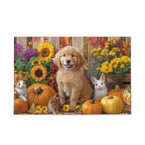 1000 Teile Puzzle Herbst Katzen und Hunde Sonnenblumen Jigsaw Puzzles Herausforderung Puzzle für Erwachsene von ODAWA