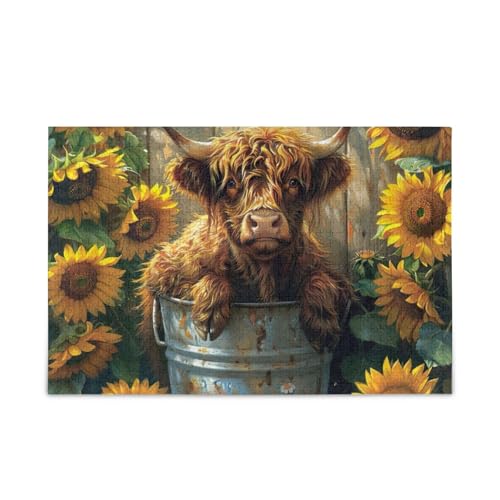 1000 Teile Puzzle Highlands Kuh Sonnenblumen DIY Geschenk Puzzle mit Netz-Aufbewahrungstasche Spaß Familie Aktivität von ODAWA