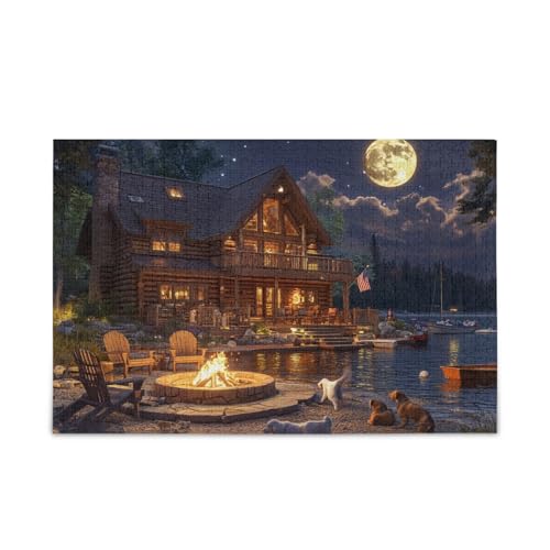 1000 Teile Puzzle Hütte See Mondlicht Jigsaw Puzzles Lustiges Puzzle für Erwachsene von ODAWA