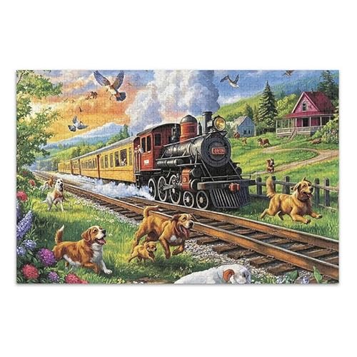 1000 Teile Puzzle Hunde laufen entlang des Zugs Puzzle-Spiel Home Wandkunst für Erwachsene Teenager von ODAWA