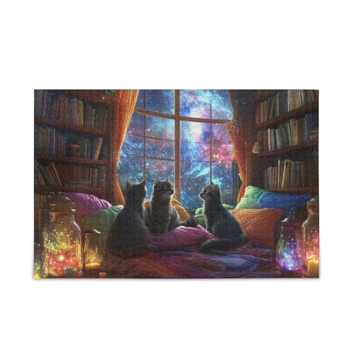 1000 Teile Puzzle Katzen Bibliothek Galaxie Blau Jigsaw Puzzles Lustiges Puzzle für Erwachsene von ODAWA