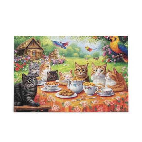 1000 Teile Puzzle Katzen Nachmittagstee Grün Stabil 2 mm Puzzle Teile Herausforderung Puzzle für Erwachsene von ODAWA