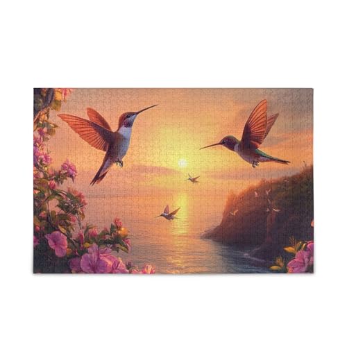 1000 Teile Puzzle Kolibris Floral Pink DIY Geschenk Jigsaw Puzzles mit Mesh Aufbewahrungstasche Lustiges Puzzle für Erwachsene von ODAWA