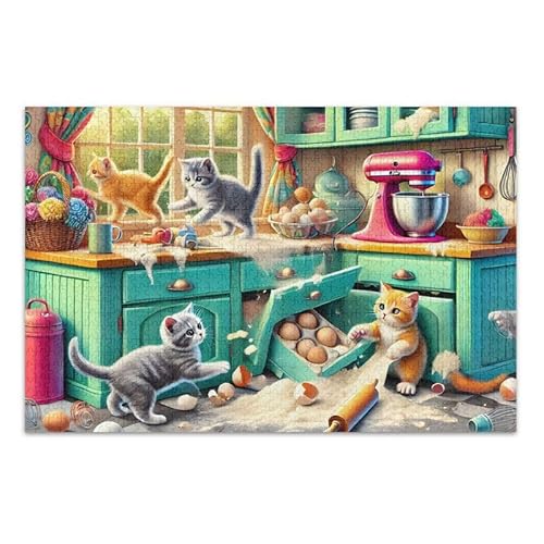 1000 Teile Puzzle Niedliche Katzen Küche Teal Pädagogisches und Lernpuzzle für Erwachsene, Familien von ODAWA