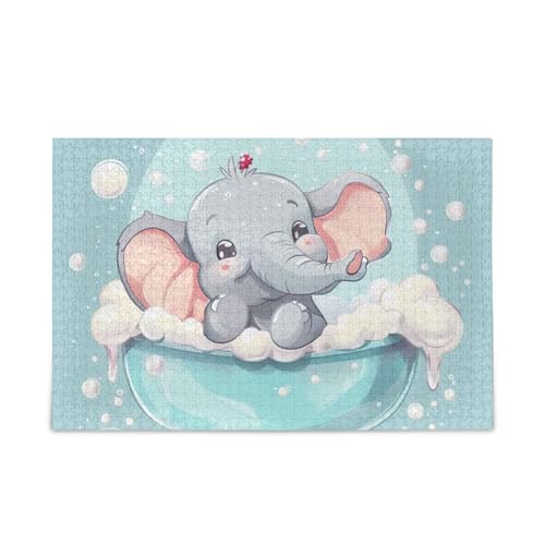 1000 Teile Puzzle Niedlicher Elefant nimmt Schaumbad DIY Geschenk Puzzle mit Netz-Aufbewahrungstasche Lustiges Puzzle für Erwachsene Kinder von ODAWA