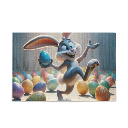 1000 Teile Puzzle Osterhase tanzt mit Eiern DIY Geschenk Puzzle mit Netz-Aufbewahrungstasche Spaß Familienaktivität von ODAWA