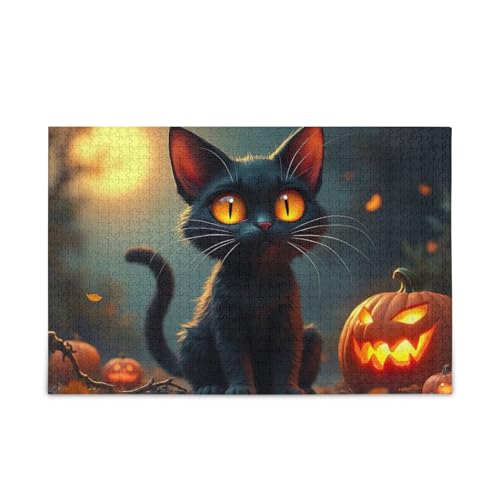 1000 Teile Puzzle Schwarze Katze Kürbis Dunkel Stabil 2 mm Puzzleteile Lustiges Puzzle für Erwachsene Kinder von ODAWA