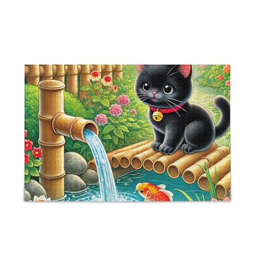 1000 Teile Puzzle Schwarzes Kätzchen sitzend im Garten Puzzle-Spiel Home Wall Artwork Spaß Familienaktivität von ODAWA