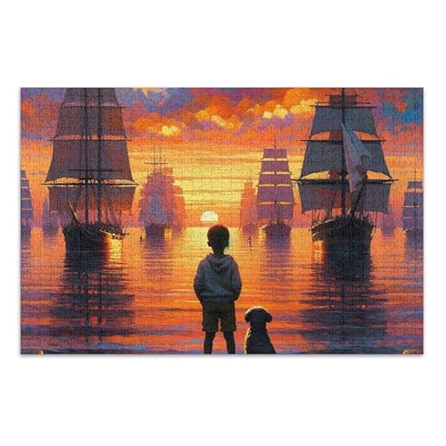 1000 Teile Puzzle Sonnenuntergang Segelboote Orange DIY Geschenk Puzzle mit Netz-Aufbewahrungstasche Lustiges Puzzle für Erwachsene Kinder von ODAWA