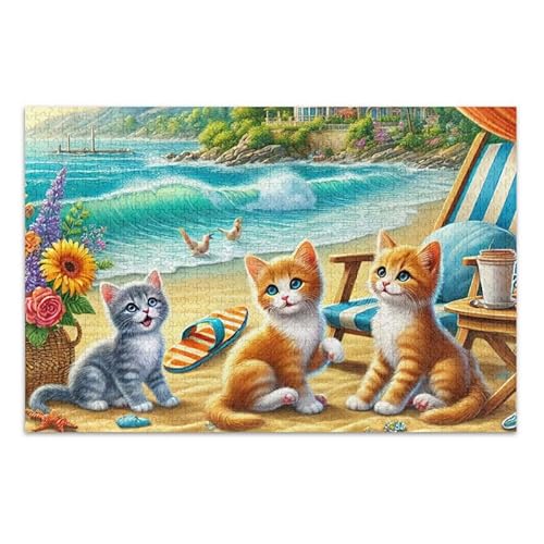 1000 Teile Puzzle Strand Katzen Blau DIY Geschenk Puzzle mit Mesh Aufbewahrungstasche Herausforderung Puzzle für Erwachsene von ODAWA