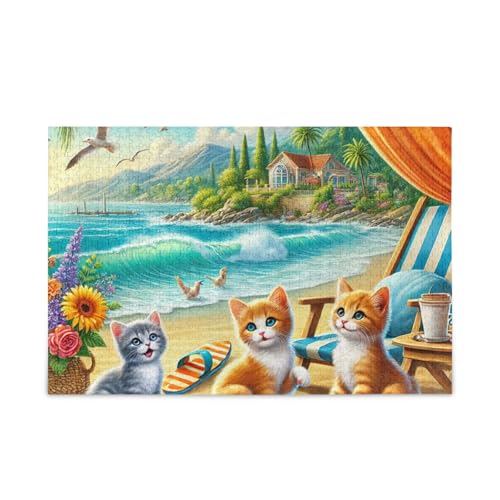 1000 Teile Puzzle Strand Katzen Blau Puzzle Spiel Home Wall Artwork Lustiges Puzzle für Erwachsene von ODAWA