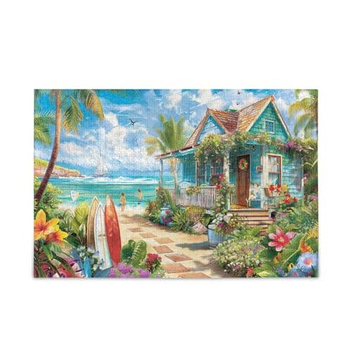 1000 Teile Puzzle Strandhaus mit Surfbrettern herausforderndes Puzzle-Spiel Lustiges Puzzle für Erwachsene Kinder von ODAWA