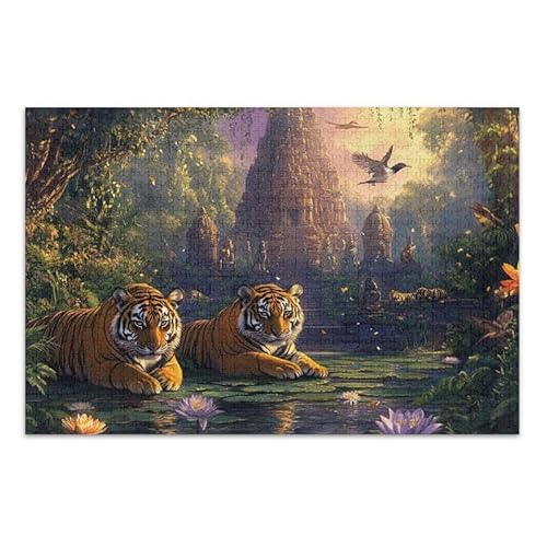 1000 Teile Puzzle Tempel Tiger Lila DIY Geschenk Puzzle mit Netz-Aufbewahrungstasche für Erwachsene Teenager von ODAWA