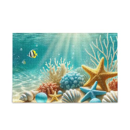 1000 Teile Puzzle Unterwasser Korallen Seestern Blau DIY Geschenk Jigsaw Puzzles mit Mesh Aufbewahrungstasche Lustiges Puzzle für Erwachsene von ODAWA