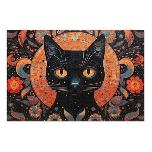 1000 Teile Puzzle Vintage Katze Schwarz DIY Geschenk Puzzle mit Netz-Aufbewahrungstasche Lustiges Puzzle für Erwachsene Kinder von ODAWA