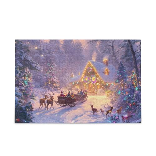 1000 Teile Puzzle Weihnachten Hütte Rentier Schlitten DIY Geschenk Puzzle mit Mesh Aufbewahrungstasche Herausforderung Puzzle für Erwachsene von ODAWA