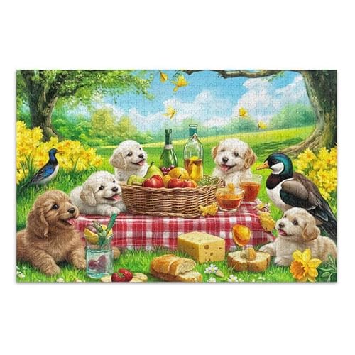 1000 Teile Puzzle Welpen Picknick DIY Geschenk Jigsaw Puzzles mit Mesh Aufbewahrungstasche Lustiges Puzzle für Erwachsene von ODAWA