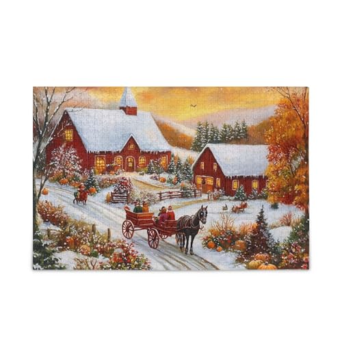 1000 Teile Puzzle Winterdorf Sonnenuntergang Malerei DIY Geschenk Puzzle mit Netz-Aufbewahrungstasche Herausforderung Puzzle für Erwachsene von ODAWA