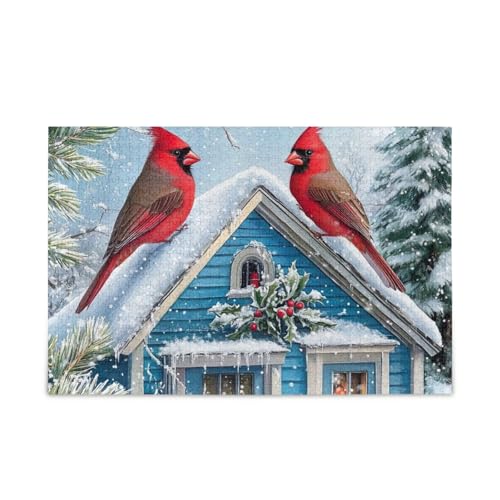 1000 Teile Puzzle Zwei rote Vögel auf Dach, DIY Geschenk Puzzle mit Netz-Aufbewahrungstasche für Erwachsene und Jugendliche von ODAWA